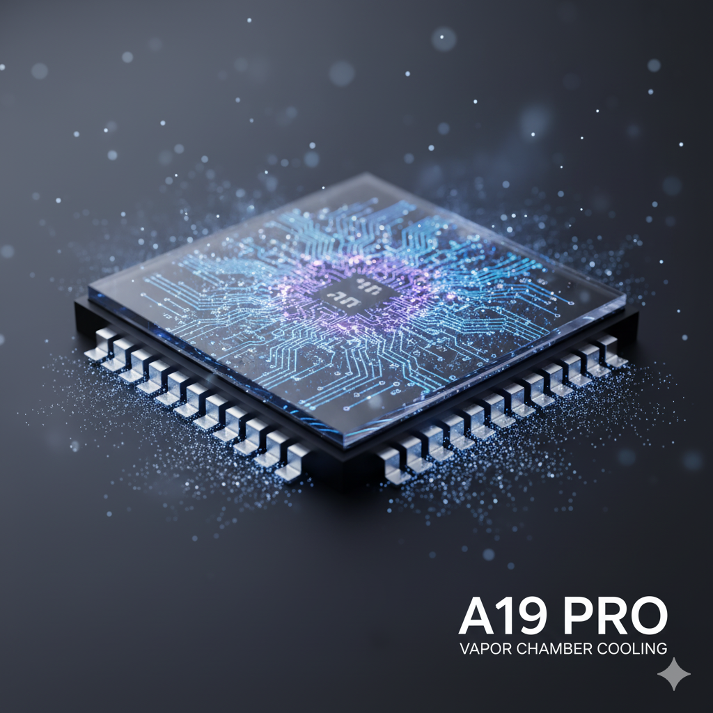 iPhone 17 Series 2025 ,A futuristic visualization of the A19 Pro chip, highlighting the vapor chamber cooling system for enhanced performance.