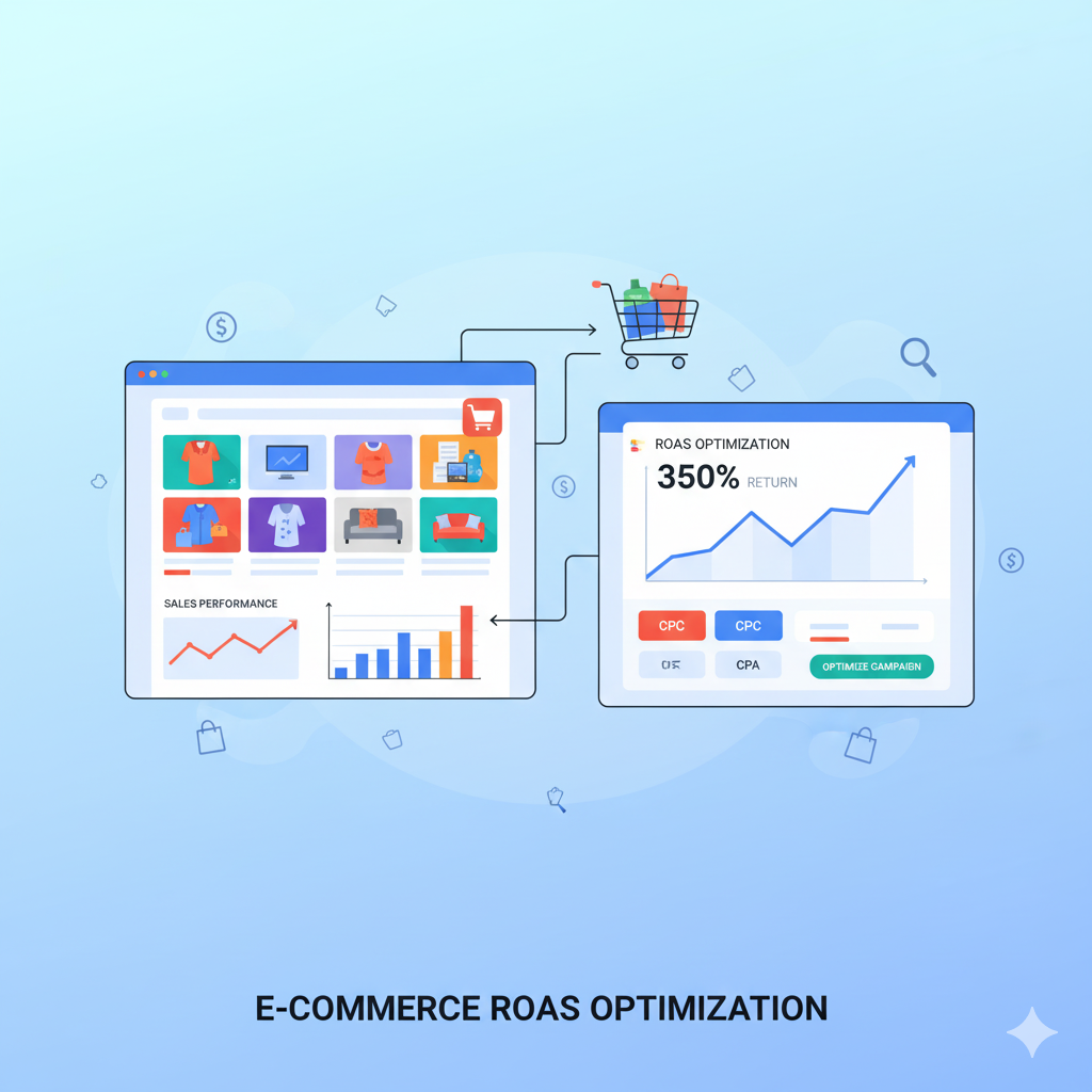 E-commerce Google Ads bidding strategy illustration showing shopping cart, product ads, and ROAS optimization for online sales