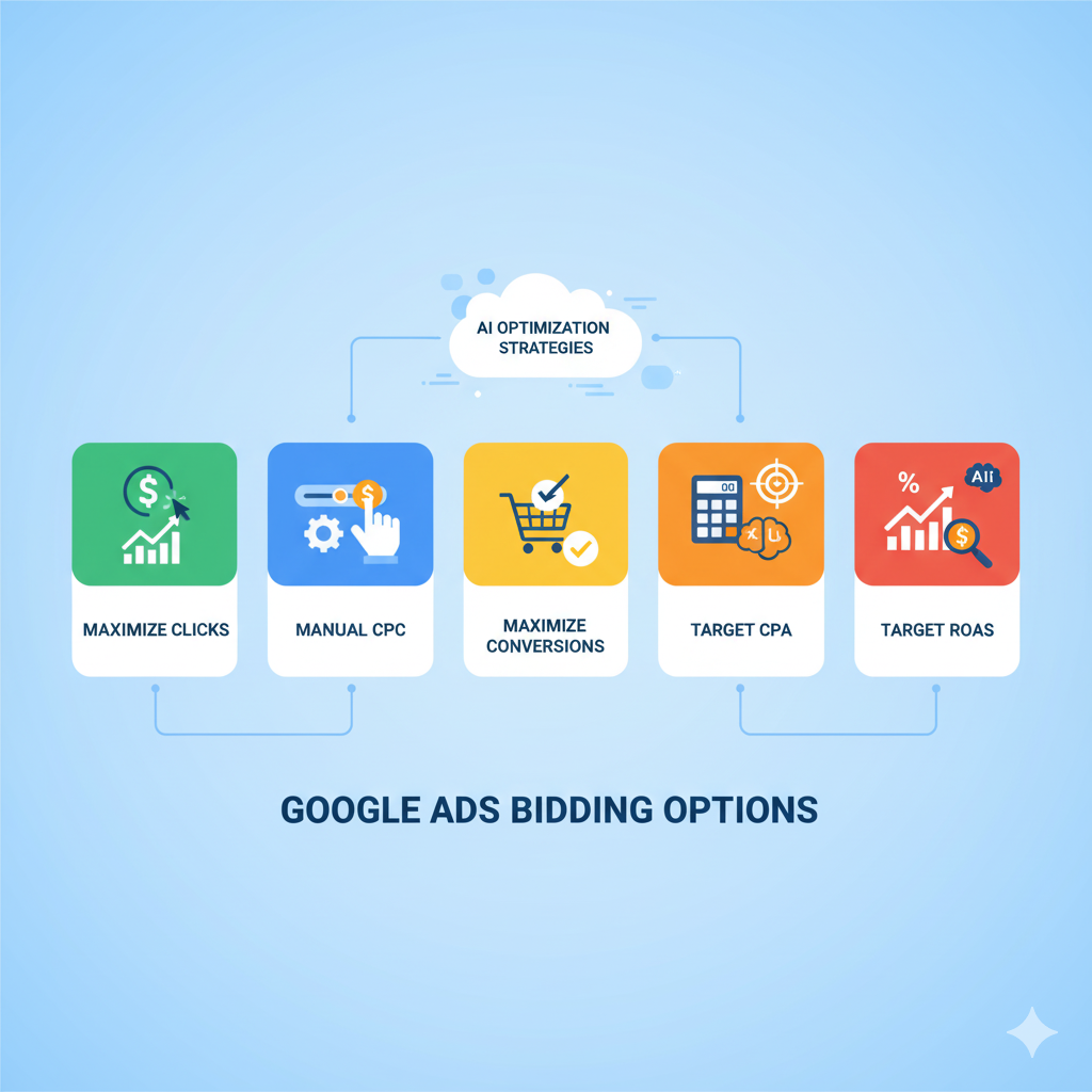 Google Ads bidding options infographic showing Maximize Conversions, Target CPA, Target ROAS, and Manual CPC strategies for advertisers."