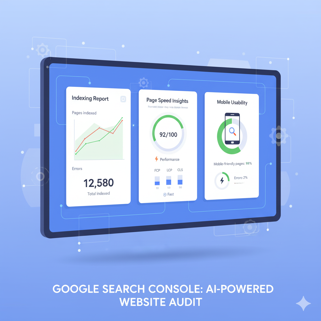 Google Search Console website audit dashboard showing indexing, page speed, and mobile usability insights
