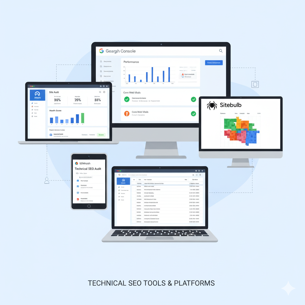 Visual representation of popular technical SEO tools and dashboards including GSC, Ahrefs, SEMrush, and Sitebulb