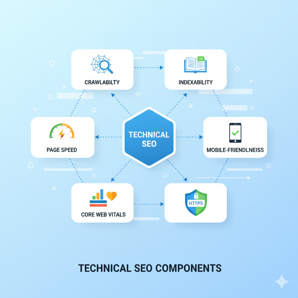 Diagram of key technical SEO elements including crawlability, indexability, page speed, mobile-friendliness, Core Web Vitals, and HTTPS