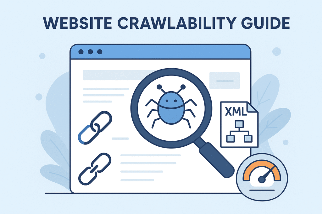 Website crawlability guide illustration showing SEO crawling bots, internal links, sitemaps, and broken link fixes