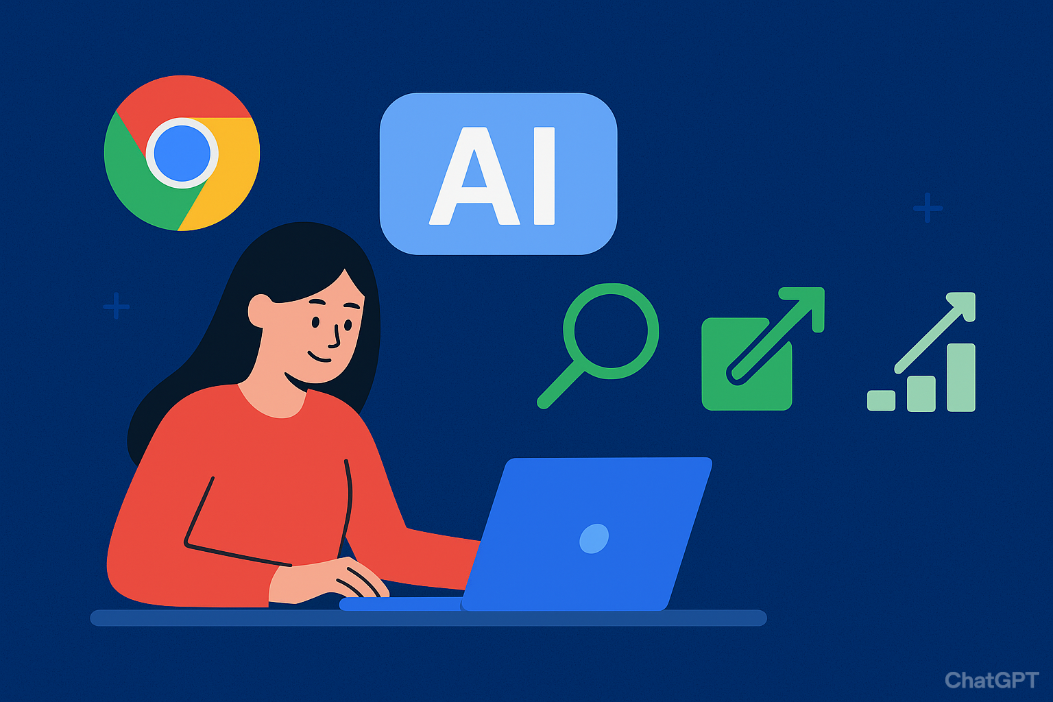 AI-powered Chrome extensions on a laptop for keyword research, writing assistance, and digital marketing growth.
