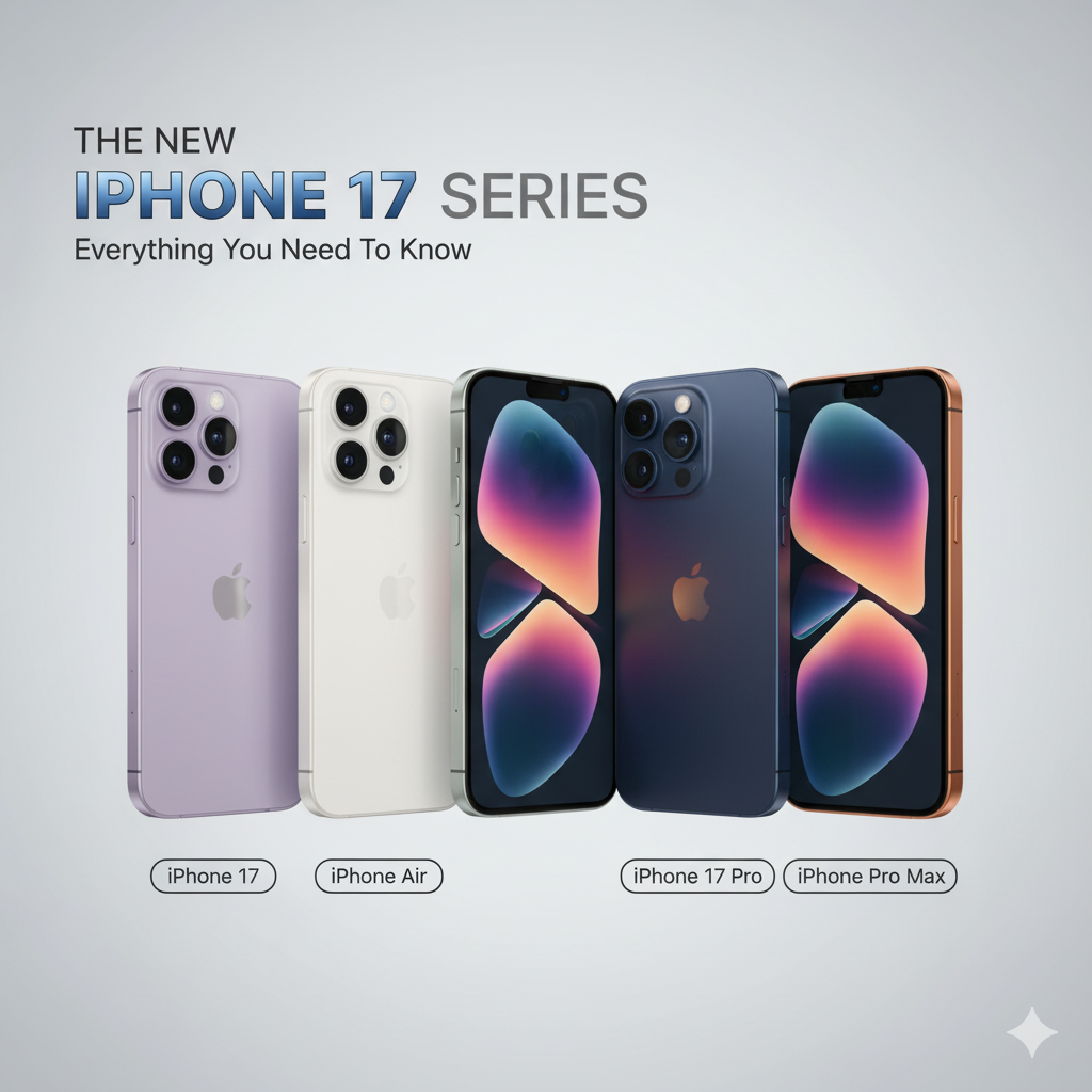The new iPhone 17 series lineup featuring the iPhone 17, iPhone Air, iPhone 17 Pro, and iPhone 17 Pro Max.