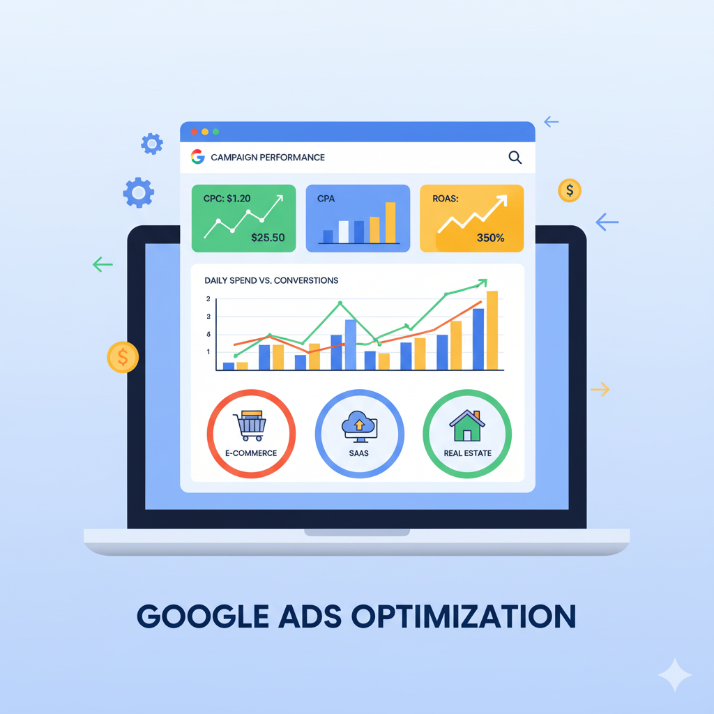 Google Ads bidding strategy overview showing CPC, CPA, and ROAS optimization for multiple industries like e-commerce, SaaS, and real estate.