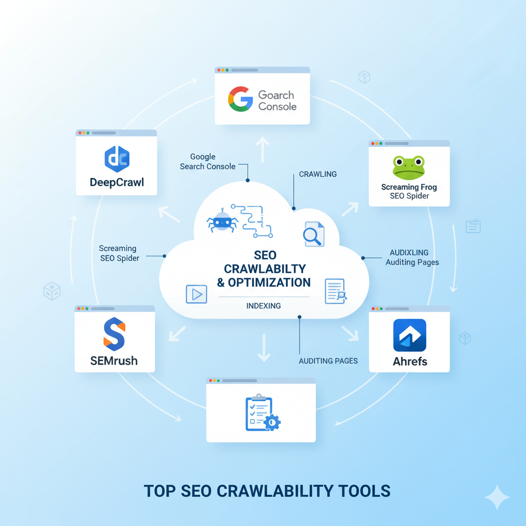SEO tools for website crawlability audit including Google Search Console, Screaming Frog, Ahrefs, SEMrush, and DeepCrawl