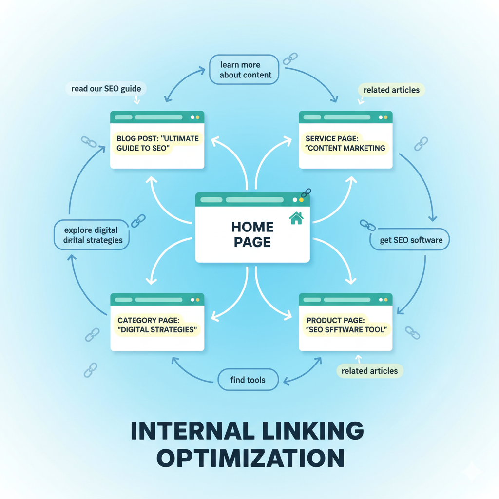 Internal linking diagram showing how website pages connect and pass SEO link equity