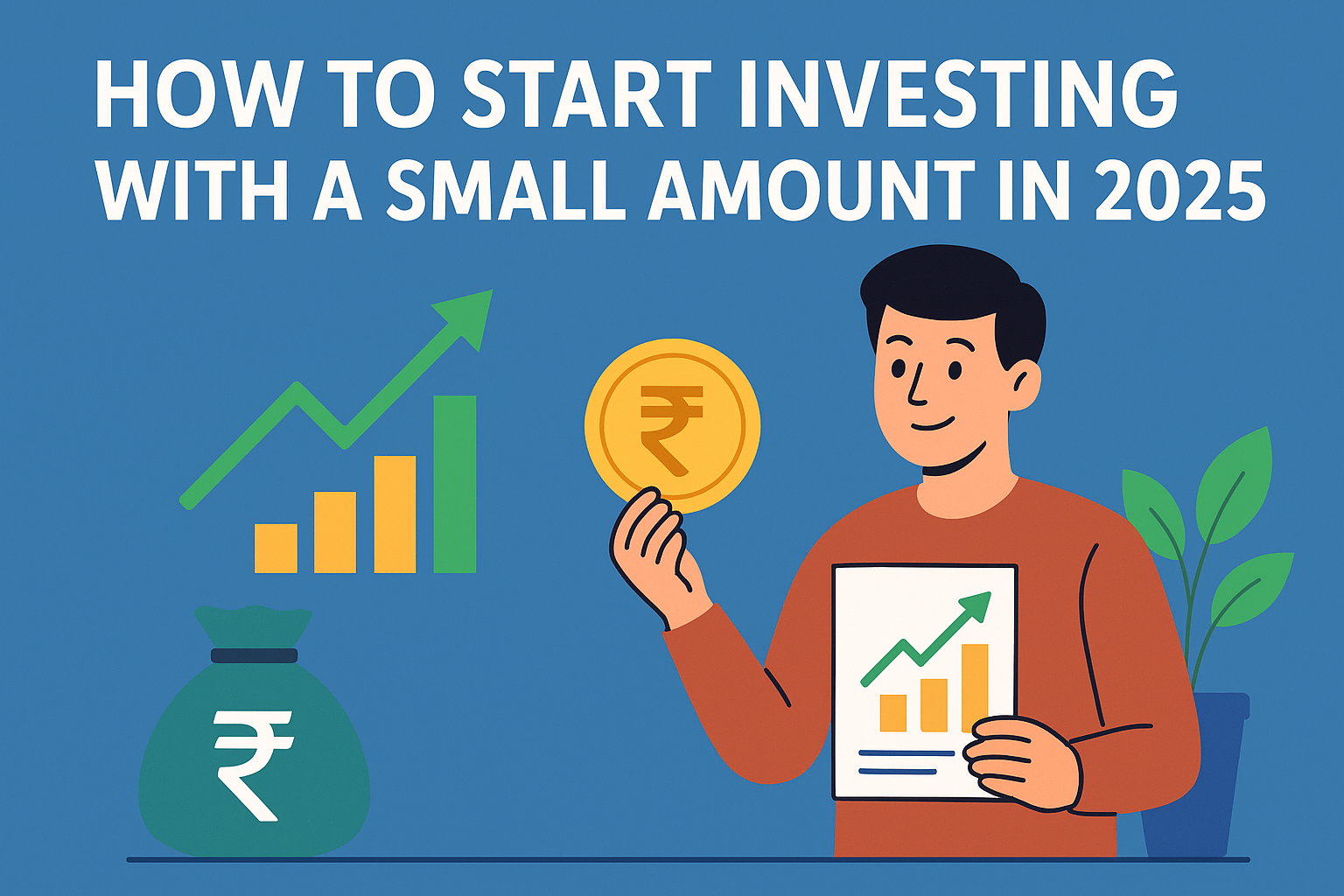 How to start investing with a small amount in 2025 – Young man analyzing investment report with rupee coins, bar chart growth, and financial icons. Beginner’s guide to SIP, ETFs, and fractional shares in India."