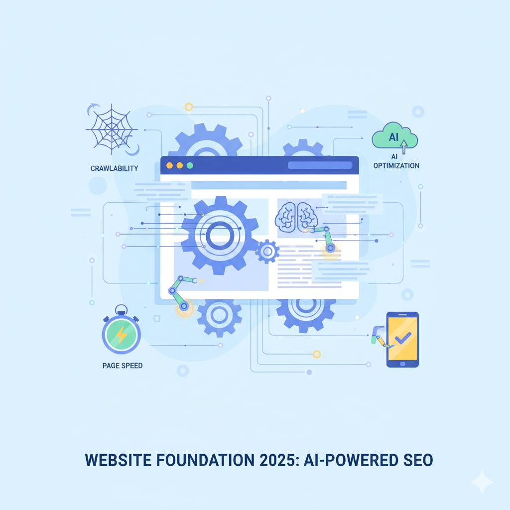 Technical SEO foundation illustration with crawlability, page speed, and mobile optimization icons"